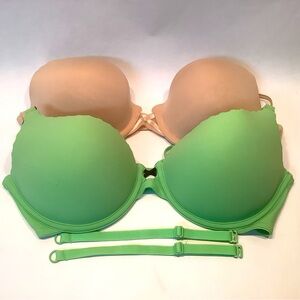 2 Lily of France Thick Padded Push Up Bra Lot Size 36b Green Convertible Nude